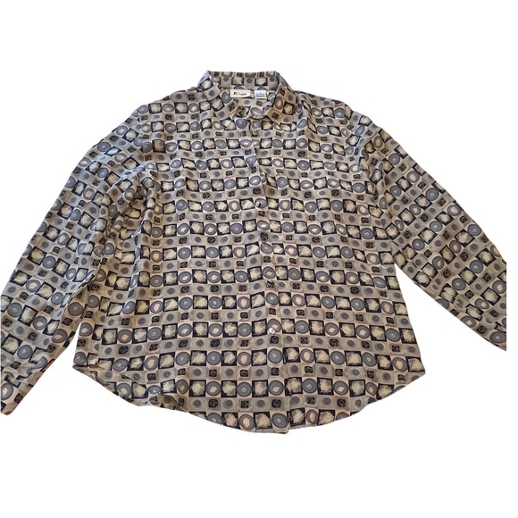 Riva Designs Tops - Riva Women's Button Up Long Sleeve Silk Shirt Size Large Retro All Over Print‎